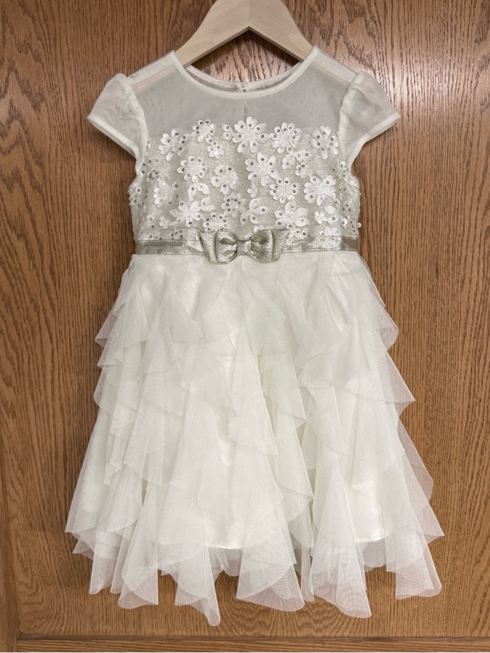 Jona Michelle Ivory Floral Lace Ruffle Dress with Silver Bow